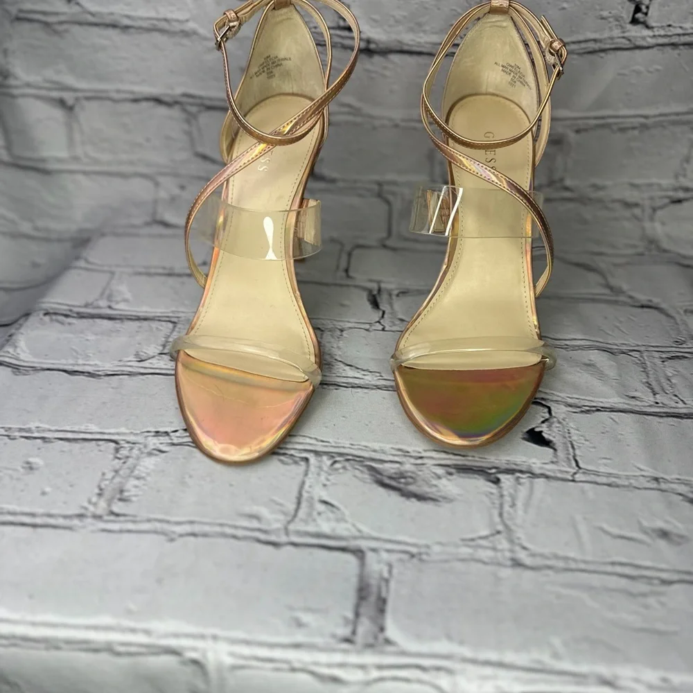Guess Felicia Iridescent Rose Gold High Heel Sandals with Clear Straps - Picture 2 of 7